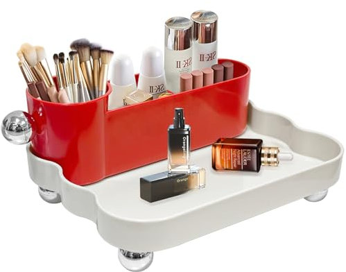 Bukuhlio 2 in 1 Organizzatore Trucchi, Make Up Organizer per Profumi, Skincare, Porta Pennelli Make Upo,Rganizer Bagno (rosso + bianco)