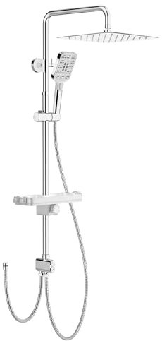 Rainsworth Duschsystem mit Ablage Chrom - 30 X 30 cm eckig Regendusche und 3 Strahlarten Duschkopf, mit Umsteller aus Messing,Duschsäule Duschset für Dusche ohne Armatur