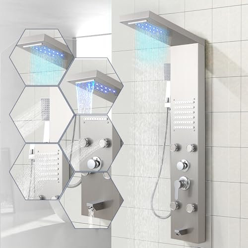 ISOISL Pannello doccia con rubinetto, pannello doccia in acciaio inox, 5 funzioni con doccia a LED a pioggia e cascata, doccetta a mano, ugelli massaggianti e beccuccio per vasca da bagno, pannello
