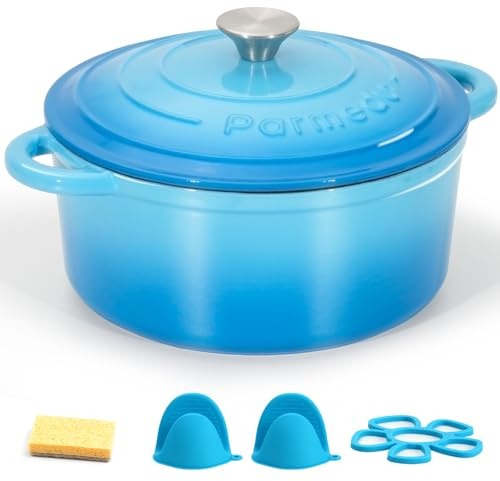 Parmedu Horno holandés de hierro fundido esmaltado, olla de 5.5 cuartos de galón con tapa, doble asa, utensilios de cocina resistentes para estofar, guisos, asar, hornear pan, azul océano
