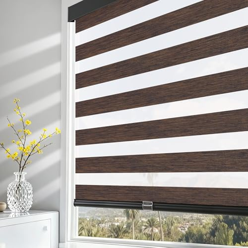 AOSKY Cordless Zebra Blinds for Windows Pull Down Roller Window Shades Dual Layer Light Filtering Privacy for Day and Night, Free-Stop Door Shades for Home Easy to Install Brown 34 W X 72 H