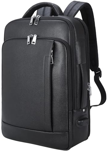 TIDING Genuine Leather Expandable 15.6 Laptop Backpack for Men | Large Travel Rucksack TSA Friendly Business Work Bag with USB Charging Port, Black