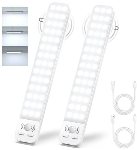 Ylatoial Under Cabinet Lights, 25cm 2000mAh Cupboard Lights Motion Sensor Indoor 6500K Brightness Adjustable 42LEDs Cabinet Lighting USB Rechargeable Wardrobe Light Magnetic for Stairs Hallway -2 Pack