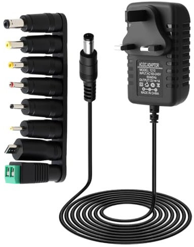Universal Power Supply Adapter 12V 1A 12W AC to DC with 8 Interchangeable Tips, 100-240V 50-60Hz, 5.5x2.1mm Multi Plug Charger Cord for LED Lights, Router, Laptop, CCTV, MP3