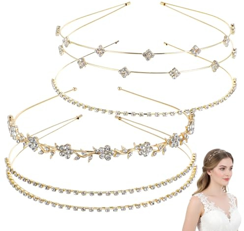 Andibro 4 piezas diademas doradas con estrás para boda, brillantes accesorios para el cabello de novia, diadema de cristal, simplicidad, diadema de hoja brillante, banda para el cabello, adorno para