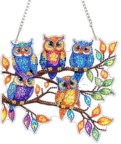 AIRDEA DIY Colorful Owls Diamond Art Ornament Kit for Adults, Double-Sided Tree Branch Diamond Painting Hanging Kit, DIY Acrylic Special Shaped Drills Hanging Suncatcher 7x8 inch