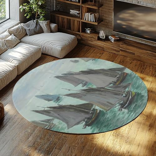 MOKOSAISE Die Fischerboote Ruhiges Meer Malerei Drucke Teppiche für das Wohnzimmer Weicher maschinenwaschbarer ruhiger Kreisteppich für Büro Esszimmer 80cm（Runden）