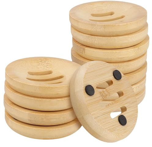 CHUENHEI 12 stycken tvålskålar bambu rund, 80 mm tvålkopp trä tvålkopp med avlopp, runda tvålskålar bambu tvålhållare, tvålfat för kök badrum