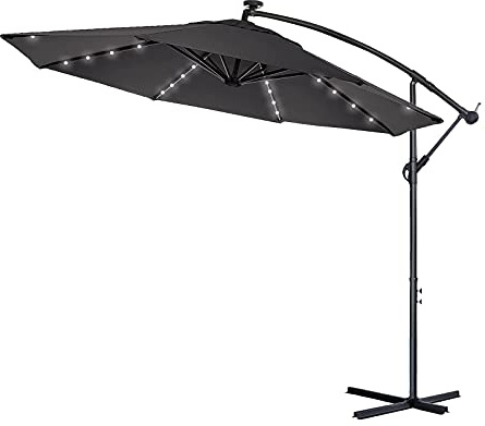 HENGMEI Ø350 cm ALU Sonnenschirm Gartenschirm Ampelschirm Strandschirm Kurbelschirm Neigbar Marktschirm Terrassenschirm UV Schutz 40+, mit Solar LED (Ø350 cm mit LED, Dunkelgrau)