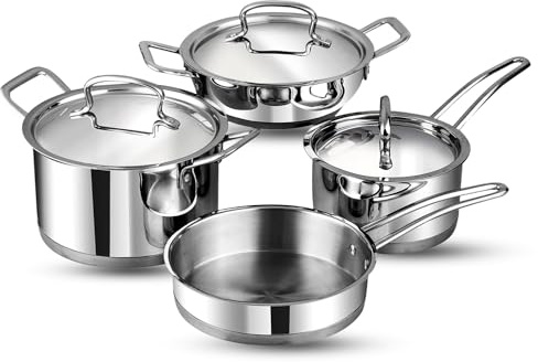 Vinod Classic Deluxe Stainless Steel Cookware Set, 4 Pc | 2.1 Litre Saucepan, 2.7 Litre Saucepot, 1.8 Litre Kadai with Lid & 20 cm Frypan | Induction Compatible - Silver