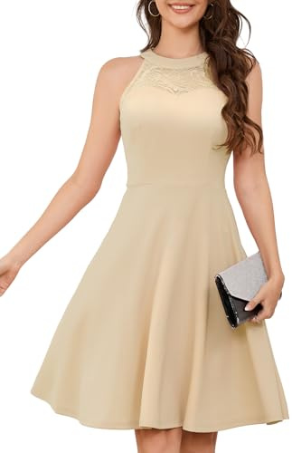 Bbonlinedress Robe de Soirée Cocktail Femme Halter Vintage pour Mariage Fête Bal Anniversaire Resto Evènement Sortie A Ligne Longueur au Genou Champagne XL