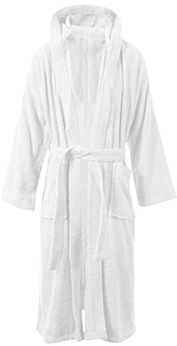 Unisex Mens Womens 100% Luxury Egyptian Cotton Super Soft Terry Towelling Bath Robe Ladies Dressing Gowns Towel Bathrobe Nightwear Housecoat (Hooded/White)
