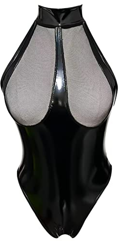 Damen Wetlook BodyLeder Bodysuit Brust Harness PU Leder Halsband mit Kette Erotik String Body Unterwäsche Gogo Unterwäsche Clubwear mit Neckholder
