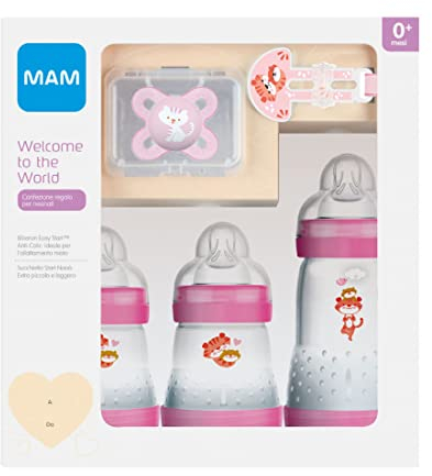 MAM Welcome to The World Gift Set with 3 Anti-Colic Bottles, Dummy, Dummy Clip, Pink