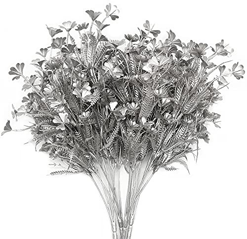 PASYOU Artificial Plants for Christmas Decor, Plastic Grass Faux Shrubs Simulation Flower Leaves Indoor Outdoor Home Garden Planter Filler Party Hotel Verandah Wedding DIY Decoration - Silver 4 Pack