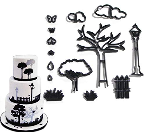 GUMEI 14PCS / Set Parco Tema Cookie Cutter Pianta di plastica Albero Erba Lampione Fondente Taglierina Strumenti per Decorare Torte Cottura Cupcake Muffa