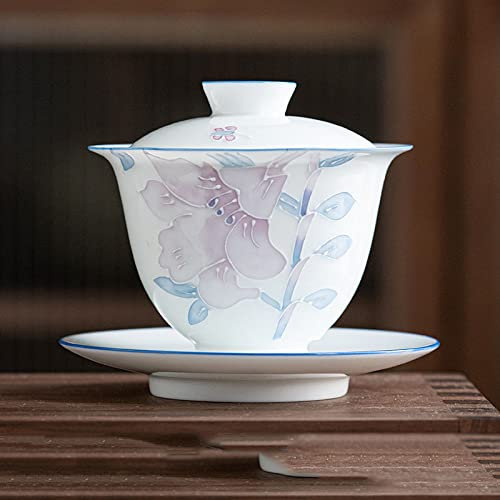 YQLKD Statuen Und Skulpturen 175 Ml Handbemalte Lilien-Teeterrine Aus Weißem Jade-Porzellan Gaiwan Sancai-Tee
