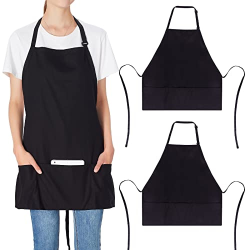 Jubatus 2 Pack 3 Pockets 100% Cotton Adjustable Bib Apron Chef Kitchen Cooking Aprons for Women Men, Black