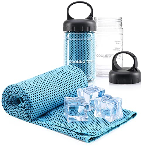 com-four® 2X Asciugamano rinfrescante in Bottiglia - Asciugamano rinfrescante per Calore, Stanchezza, Sforzo, Sport (2X Panno - Blu/Grigio)