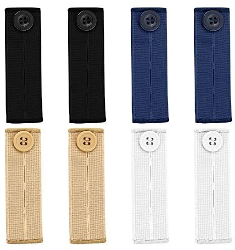 Prasacco 8 Stück Elastische Taillenverlängerungen, 25 x 85 mm Einstellbar Knopfverlängerung Bund-Expanders für Männer und Frauen, Knöpfe Extender für Jeans, Hosen (Schwarz, Blau, Apricot, Weiß)
