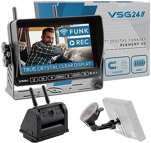 VSG24 Element HD Funk Rückfahrkamera Set – 7 Zoll HD Monitor – wetterfeste IP68 Akku-Magnetkamera – 140° Weitwinkel – 21 m Funkreichweite – für Wohnmobil, Pferdeanhänger & Transporter