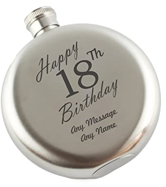Personalised Engraved 5oz Round Silver Stainless Steel Hip Flask, Happy 18th Birthday Design, Gift for Him, Happy Birthday Gift, Laser Engraved in The UK