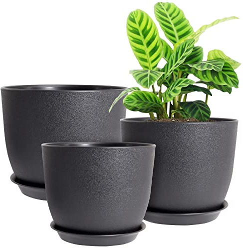 UOUZ Moderne Pflanztöpfe, Kunststoff-Pflanzgefäße mit Drainagelöchern und Untersetzern für Innen- und Außenbereich, für Pflanzen, Blumen, Schwarz