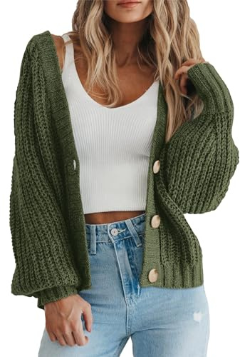 PRETTYGARDEN Women's Short Cardigan Sweaters V Neck Button-Down Long Sleeve Oversized Chunky Knit Cardigans (Army Green,Medium)