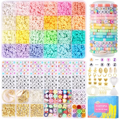Funtopia Perlen Set, 6mm Heishi Perlen für Armbänder mit 624 Stück 24 Set A - Z Buchstabenperlen, 72 Stück Polymer Clay Perlen, 320 pcs Charms Kit für Ringen Halsketten (5800+ Stück)