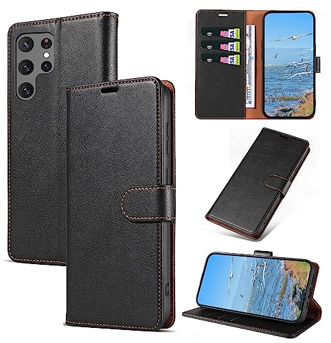 KKEIKO Handyhülle für Samsung Galaxy S22 Ultra 5G Hülle, Magnet Klappbar Handyhülle mit Kartenfach, PU Leder Stoßfest Schutzhülle für Samsung S22 Ultra 5G, Schwarz