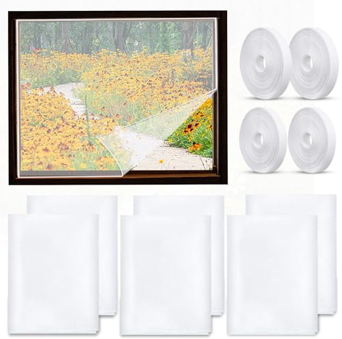 6 Stück 130x150 cm Fliegengitter Fenster, Moskitonetze für Fenster Selbstklebendes Insektenschutz Fensternetz mit Selbstklebeband, für Fenster Hält Käfer/Fliegen/Mücken Draußen (weiß)