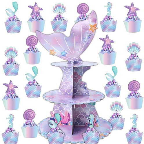 Espositore per torte 3 animali fantasy oceano, torre di cupcake + 20 pirottini per cupcake + 20 decorazioni per cupcake mondo sottomarino, sirene da sogno, decorazione per feste di compleanno