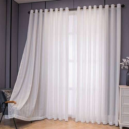 Daesar Gardinen Halbtransparent mit Ösen, Vorhänge Lichtdurchlässig 2er Set Modern mit Gestreift Motiv 102x214CM Weiß Vorhänge Schlafzimmer Wohnzimmer Küche