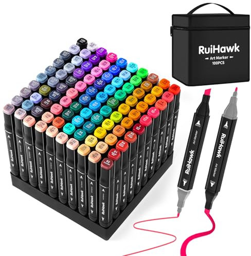 RuiHawk 100 Farben Alkoholmarker Set mit Feinspitze & Breitspitze, schnelltrocknende Profi-Marker für Graffiti, Manga, Skizzen & Design - das perfekte Geschenk für jeden Tag, Weihnachten und Halloween