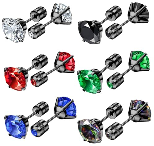 HinDaLi 6 Pares Pendientes de Botón Plata Acero Inoxidable 316L Pendientes Mujer Diamante Redondo Hombre Niña Pequeños