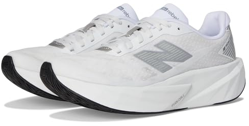 New Balance FuelCell Rebel V5 da donna, Bianco/Argento Metallico/Nero, 7.5