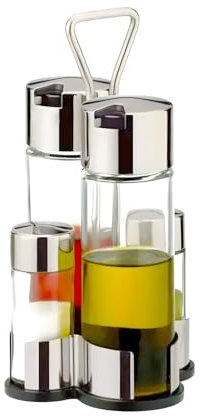 Wintem Set da 4 Condimenti da Tavola in Vetro e Acciaio 15,5x5cm - Maniglia Ergonomica Integrata per Presa Comoda - Include Dosatori per Olio e Aceto e Spargi Sale e Pepe - Lavabile in Lavastoviglie