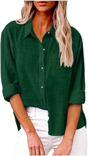 Camisa de algodón y lino con botones para mujer, blusa de manga larga, casual, color liso, con bolsillos, cuello y botones, para la oficina, el trabajo, uso diario, verde oscuro, XXL