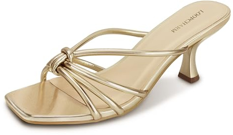 LOOPCHARM Women's Strappy Square Open Toe Kitten Heels Sandals Knotted Design Summer Fashion Slip On Mule Style,GOLD PU,8