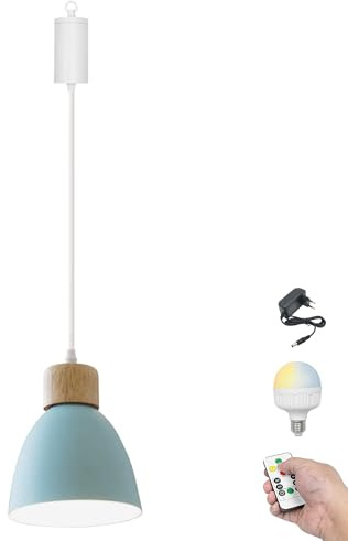 FSLiving Dimmbare Hängelampe mit Batterie Innen, Modern Eisen Hängeleuchte Batteriebetriebene Lampe, Pendelleuchte ohne Strom Stromanschluss für Küche Nachttischcafé,Blau