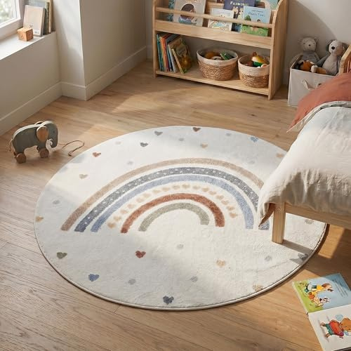 Little Olly Waschbarer Kinderteppich Rund - Ravi Rainbow Bunt - Ø 120 cm | Sonstige - Krabbeldecke - Spielmatte - Kinderzimmer - Jungen - Mädchen