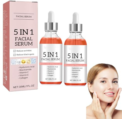 Sérum visage Solution anti-âge 5 en 1, vitamine C, sérum anti-âge pour le visage avec acide hyaluronique, sérum au collagène pour le visage, teint uniforme, ridules (2pcs)