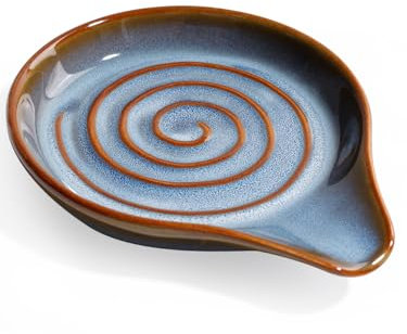 ANTIS'S HOME Ceramic Spoon Rest with Spiral Design – Handcrafted Glazed Stoneware Spoon Holder – Heat Resistant, Dishwasher Safe, Ideal for Kitchen Counters and Stovetops – Rustic Blue & Brown