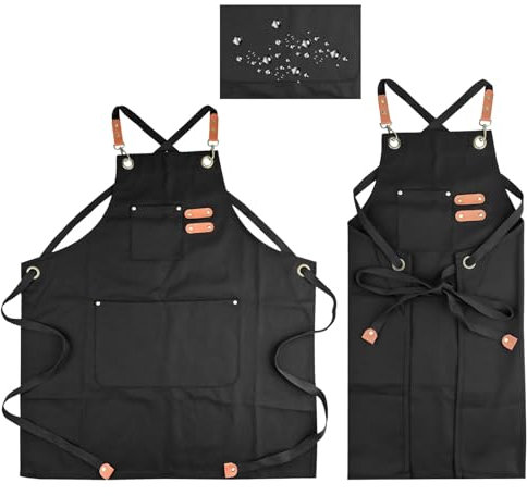 Comzantor Grembiule da Cucina Chef, Unisex Tela Grembiuli, Professionale Grembiule da Lavoro con 3 Tasche, Impermeabile Grembiuli, Regolabile Apron, per Barbecue, Giardino, Pittura (Nero)