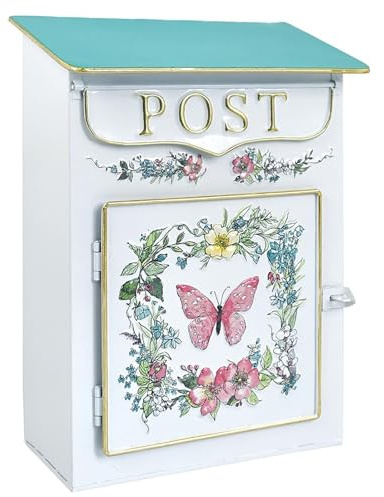 YCYRF Boîte aux Lettres Murale pour Extérieur de Maison, Grande Capacité, Boite aux Lettres Colis Vintage en Métal avec Motif Floral Décoratif, 23x13x13cm, Blanc