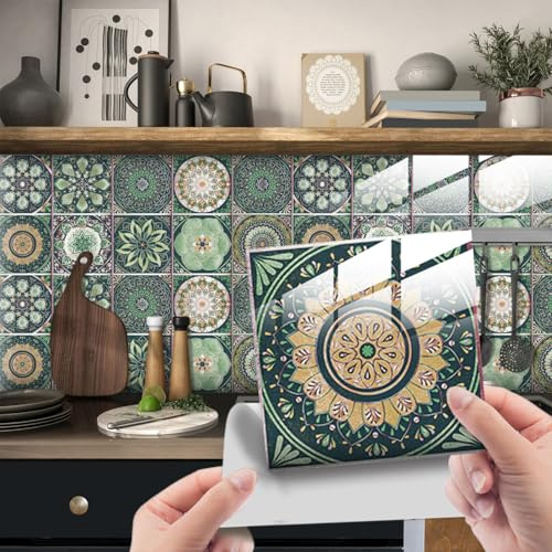HORIWE Mandala Retro Fliesenaufkleber PVC Wasserdicht Wandaufklebe 24 Stück | Wasserdicht & ölfest Selbstklebende Tapete Einfach Anzubringen Fliesen Folie für Küche, Schrank, Möbel, Tisch, Badezimmer