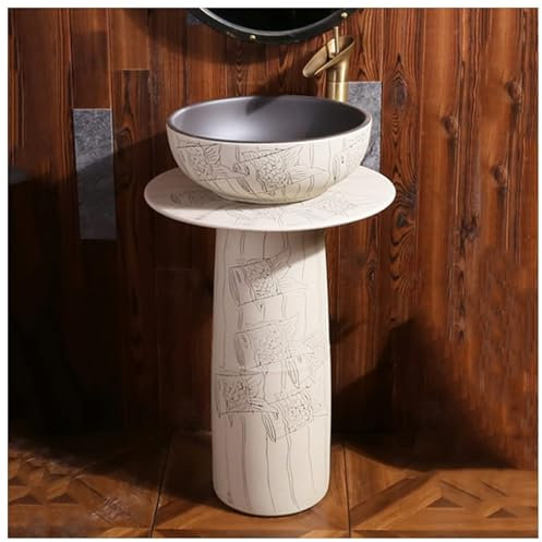 FHSLKXIM Lavabo De Cerámica Redondo De Pie, Hecho A Mano, para Interior Y Exterior, Elegante, L, con Espejo.