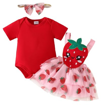 UUAISSO Ropa Para Bebé Niña Blusas con Volantes Para Recién Nacidas Faldas con Tirantes de Girasol y Diadema Conjuntos Verano Rojo fresa 0-3 meses