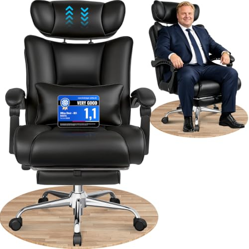 BASETBL Heavy Duty Office Chair, Big and Tall 440lbs 200kg Executive Computer Chair, 60cm Extra Wide Spring Seat Ergonomic Desk Chairs with Adjustable Headrest, Footrest & Lumbar Support (Black)