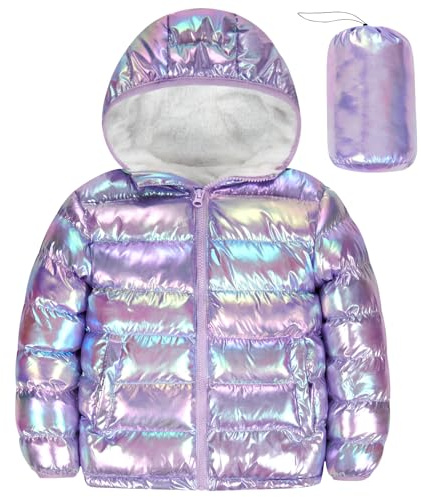Kids4ever Flickrockar flickor vinterjacka vadderad kappa med huva quiltad jacka barn varm lysande snödräkt vindtät ytterkläder 4-12 år, Lila, 6-7 År